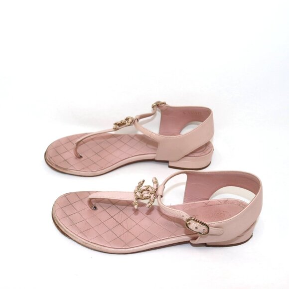 Chanel Quilted Logo 38 Baby Pink Flat T Strap Sandals Chain CC Logo - Picture 3 of 12